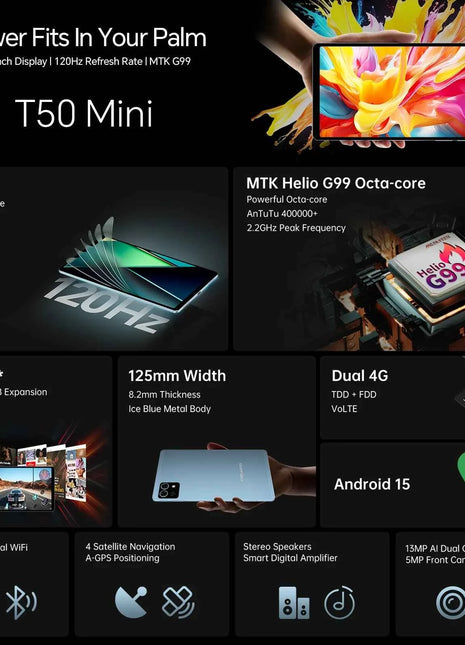 Teclast T50 Mini Tablet Android 15 da 8,7" IPS 120Hz G99 8 core Max 20 GB (8 GB + 12 GB di espansione) RAM 128 GB ROM Dual 4G LTE Type-C GPS