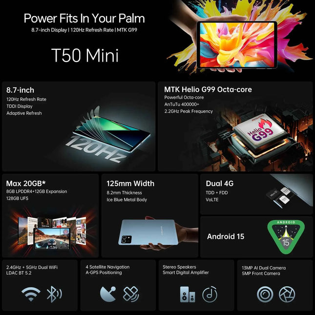 Teclast T50 Mini Tablet Android 15 da 8,7" IPS 120Hz G99 8 core Max 20 GB (8 GB + 12 GB di espansione) RAM 128 GB ROM Dual 4G LTE Type-C GPS