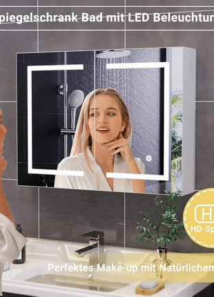 Rosahqnda anti-fog bathroom mirror cabinet with LED lighting, height adjustable shelves, 3 color temperature dimmable