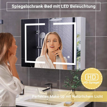 Rosahqnda anti-fog bathroom mirror cabinet with LED lighting, height adjustable shelves, 3 color temperature dimmable