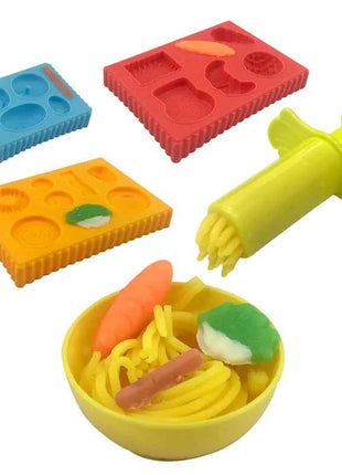 Stampi per pasta da gioco per alimenti per bambini Plastica Frutta Verdura Gnocco Stampo per noodle Coltello Forchetta Ciotola Piatto Accessori per plastilina Giocattoli