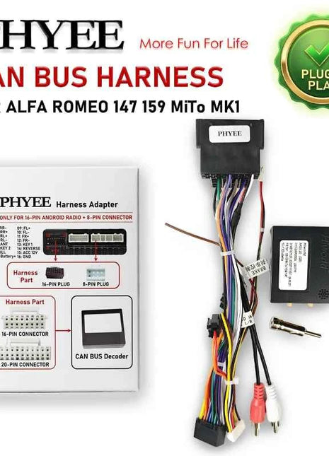 Cablaggio Mini-ISO con Decoder CAN Bus per Alfa 147 159 MiTo MK1 Giulietta 2010-2013, Ritenzione SWC, Adattatore Android P&P 16 Pin