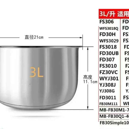 Pentola Interna Midea in Acciaio Inox 304 - 3L 4L 5L per Rice Cooker FS3010/70