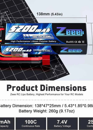 1/2 Units Zeee Lipo Battery 2S 7.4V 100C 5200mAh with Deans Connector for RC Car Truck Vehicle Buggy Losi RC Racing Models Parts