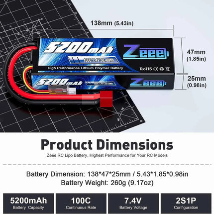 1/2 Units Zeee Lipo Battery 2S 7.4V 100C 5200mAh with Deans Connector for RC Car Truck Vehicle Buggy Losi RC Racing Models Parts