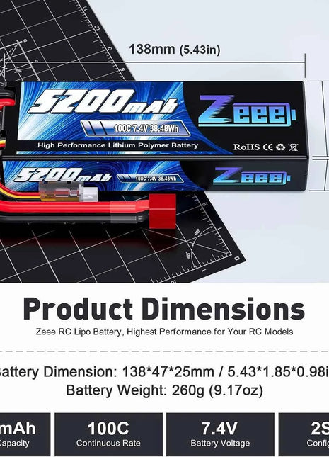 1/2 Units Zeee Lipo Battery 2S 7.4V 100C 5200mAh with Deans Connector for RC Car Truck Vehicle Buggy Losi RC Racing Models Parts