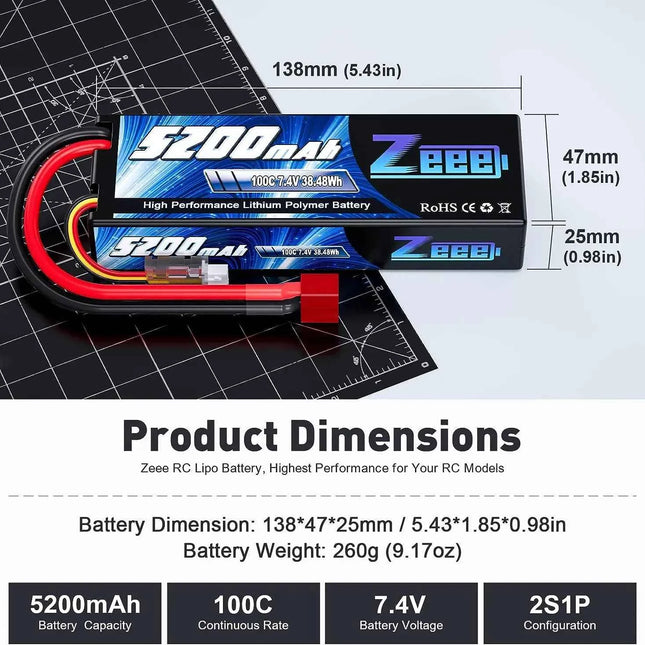 1/2 Units Zeee Lipo Battery 2S 7.4V 100C 5200mAh with Deans Connector for RC Car Truck Vehicle Buggy Losi RC Racing Models Parts