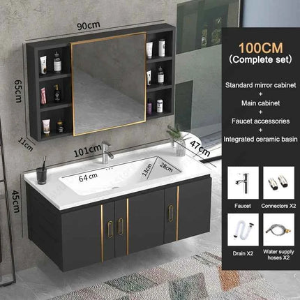 Bathroom Vanity Cabinet Set with Integrated Ceramic Sink Drain Accessories Wall Mounted Aluminum Storage Cabinet Mirror Combo