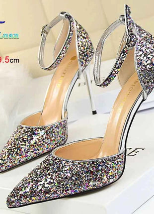 Sandali da Donna con Paillettes 2025, 9.5cm 7.5cm, Fibbia alla Caviglia, Tacco a Spillo per Matrimonio, Nuove Scarpe Classiche con Tacco Alto, Taglie 34-40