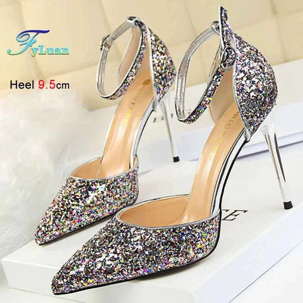 Sandali da Donna con Paillettes 2025, 9.5cm 7.5cm, Fibbia alla Caviglia, Tacco a Spillo per Matrimonio, Nuove Scarpe Classiche con Tacco Alto, Taglie 34-40