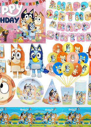 Palloncini Bluey Bingo Party Buon compleanno Banner Cane blu Palloncini Sfondo Adesivi Decorazione Cake Topper Stoviglie usa e getta