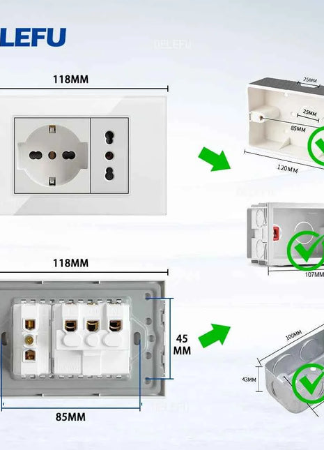 DELEFU Vetro temperato bianco Italia USB TypeC Presa a muro a ricarica rapida Schuko Tuya Wifi Smart Switch Sat TV Tel Campanello Cile