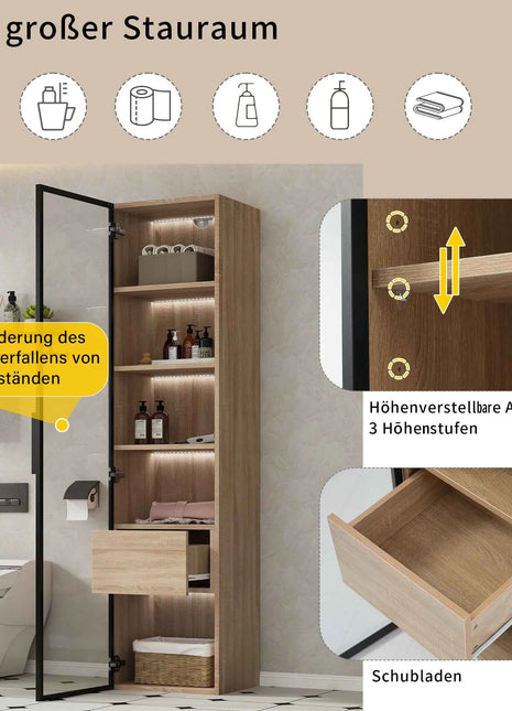 Lazyspace 5-Layer Bathroom Cabinet with LED Light Strip, Wooden Bathroom Shelf with 1 Drawers and 1 Glass Door