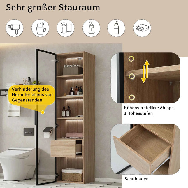 Lazyspace 5-Layer Bathroom Cabinet with LED Light Strip, Wooden Bathroom Shelf with 1 Drawers and 1 Glass Door