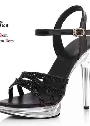 Sandali con plateau con tacco alto con glitter di cristallo da 12 cm per donna Scarpe da sposa trasparenti antiscivolo Calzature da prestazione modello femminile