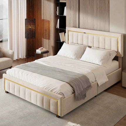Comanlai 140x200cm Upholstered Bed, Hydraulic Bed with Storage Space and Vertical Stripes, Gold-Plated Edging, Velvet, Off-white