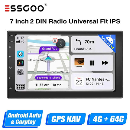 ESSGOO 4+64G Car Stereo Head Unit Radio Wireless CarPlay Android Auto Double 2 DIN 7" IPS Touch Screen GPS SAT NAVI FM DAB+ WIFI