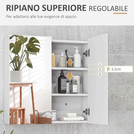 Kleankin Bathroom Mirror Bathroom Container with 2 Ante Soft Close, 60x15x60 cm Bathroom Cabinet with Mirror, Adjustable Shelves, Furniture Bathroom Floor-saving Glass Wall, Polished White