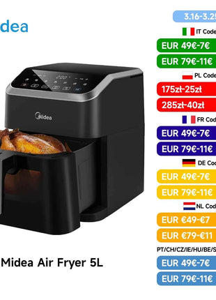 Midea 5L Air Fryer Large Capacity Family Size Multi-Functional Easy Clean Oil-Free Healthy Adjustable Temp Rapid Air
