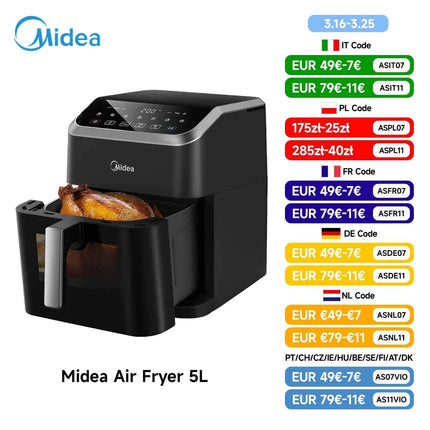 Midea 5L Air Fryer Large Capacity Family Size Multi-Functional Easy Clean Oil-Free Healthy Adjustable Temp Rapid Air