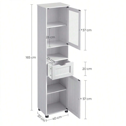 VASAGLE Tall Free Standing Bathroom Cabinet, Slim Cupboard, Glass Door, Adjustable Shelves, Light Grey