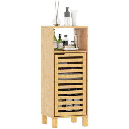 Homcom Tall Narrow Bamboo Bathroom Cabinet with 3 Open Shelves Slatted Door Adjustable Shelves Natural
