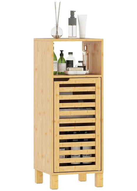 Homcom Tall Narrow Bamboo Bathroom Cabinet with 3 Open Shelves Slatted Door Adjustable Shelves Natural