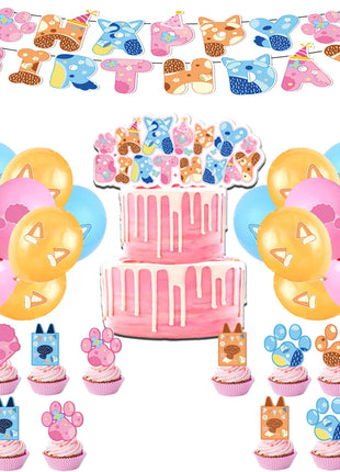 Decorazioni per feste di compleanno a tema Bluey/Bingo, set di piatti di carta usa e getta, striscione, bandierine per torta, palloncini a forma di cane.