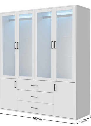 Armadio a 3 ante Fangange con specchio, armadio con luci LED e cassetti, guardaroba in legno con asta appendiabiti