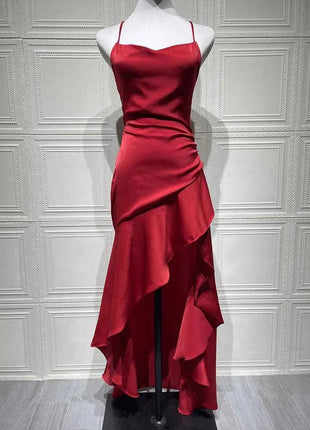 Mozision Satin Spaghetti Strap Ruffle Sexy Maxi Dress Women Off-shoulder Sleeveless Backless Thigh High Split Club Party Dress