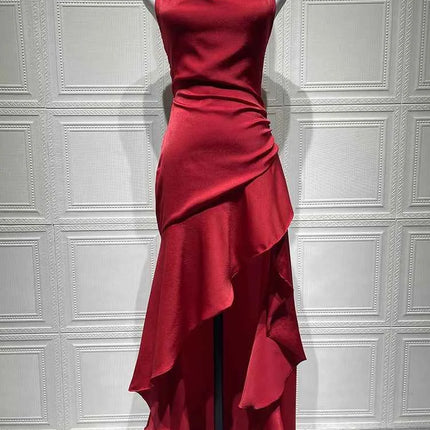 Mozision Satin Spaghetti Strap Ruffle Sexy Maxi Dress Women Off-shoulder Sleeveless Backless Thigh High Split Club Party Dress