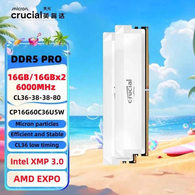 Crucial Pro DDR5 RAM 16GB/2x16GB, CL36 6000MHz, Overclocking Desktop Gaming Memory, Intel XMP 3.0 & AMD Expo Compatible, White
