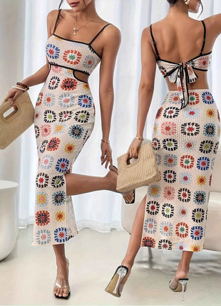 Elegante Abito Aderente Senza Schienale con Stampa Floreale per Donne, Vestito Senza Maniche