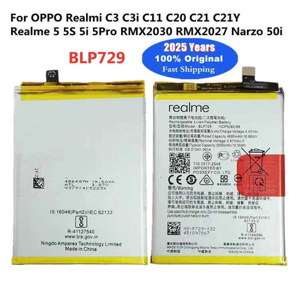 2025 Years 5000mAh BLP729 Original Battery For OPPO Realme 5S 5i 5 Pro Realmi C3 C3i C11 C20 C21 C21Y Narzo 50i Batteries