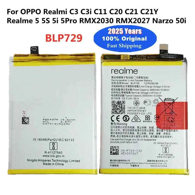 2025 Years 5000mAh BLP729 Original Battery For OPPO Realme 5S 5i 5 Pro Realmi C3 C3i C11 C20 C21 C21Y Narzo 50i Batteries