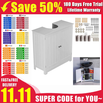 DayPlus Bathroom Under Sink Cabinet Storage Cabinet, Free Standing Wooden Organiser, Floor Basin Cupboard Unit with Double Doors