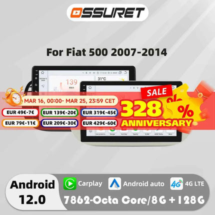 4G 8Core Android Car radio GPS Stereo For Fiat 500 2007-2014 Multimedia Video player 2DIN Autoradio DSP Carplay 7862 Head Unit