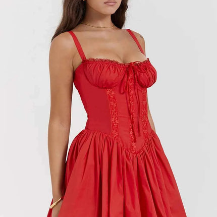 Mini Abito Estivo da Donna Elegante in Pizzo Floreale con Corsetto, Vestito Corto Bianco Giallo Rosso Blu da Spiaggia