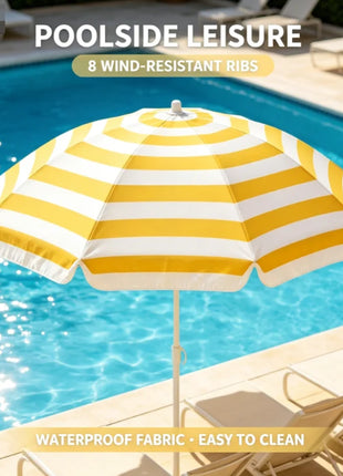 Ombrellone da spiaggia a righe in TNT da 180 cm con frange, ombrellone portatile da esterno a 8 stecche, ombrellone da spiaggia a righe impermeabile e resistente al vento per giardino, piscina, mare, campeggio