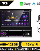 Podofo 6+128G Retractable Screen 1 Din Android Car Multimedia Player Carplay  GPS Navigation WIFI Bluetooth FM AM Mirror Link
