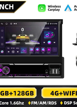 Podofo 6+128G Retractable Screen 1 Din Android Car Multimedia Player Carplay  GPS Navigation WIFI Bluetooth FM AM Mirror Link