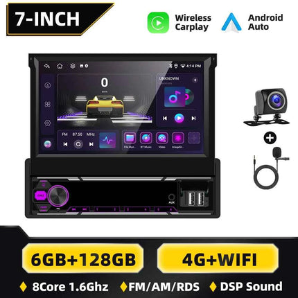 Podofo 6+128G Retractable Screen 1 Din Android Car Multimedia Player Carplay  GPS Navigation WIFI Bluetooth FM AM Mirror Link