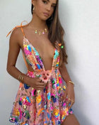 Abito corto da donna sexy con cravatta floreale con paillettes senza schienale a V profondo