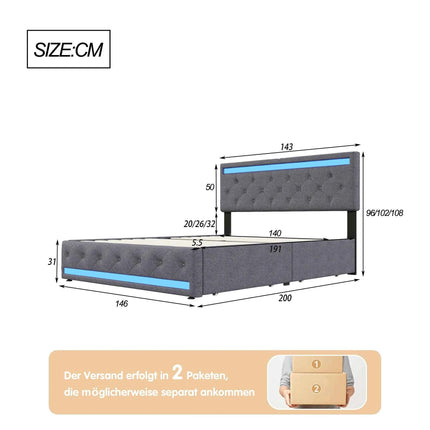 Comanlai 160×200cm Youth Bed, Adult Bed, Upholstered Double Bed, with LED and USB 4 Drawers, Headboard with Storage Space Linen