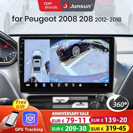 Junsun Qualcomm 8-Core 360 Camera Wireless CarPlay Android Auto Car Radio for Peugeot 2008 208 2012 - 2018 GPS