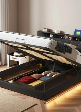 Anajqaqia 160×200cm Hydraulic Bed with LED Light and USB Charge, Upholstered Double Bed, with Storage Space Underbed, PU, Black