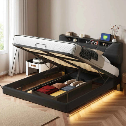 Anajqaqia 160×200cm Hydraulic Bed with LED Light and USB Charge, Upholstered Double Bed, with Storage Space Underbed, PU, Black