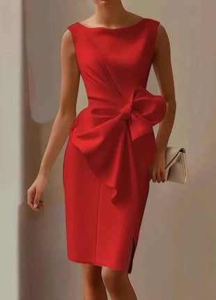 Elegante abito con fiocco solido per le donne Moda senza maniche O collo Pacchetto sottile Abiti alla moda Lady Serata formale Abbigliamento da donna