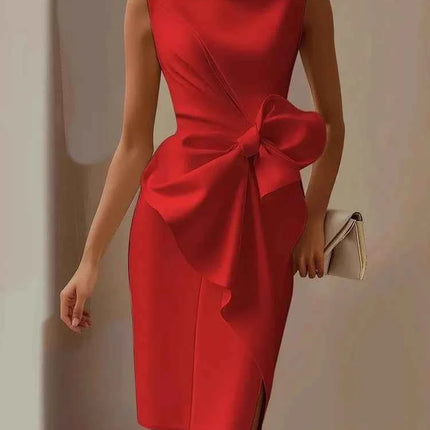Elegante abito con fiocco solido per le donne Moda senza maniche O collo Pacchetto sottile Abiti alla moda Lady Serata formale Abbigliamento da donna