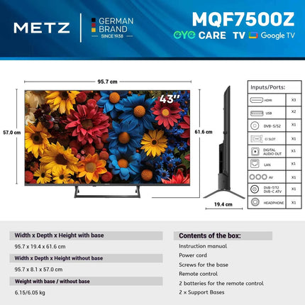 METZ QLED TV 43 Inch 4K Smart LED Television Google Tele HDR 10 MEMC DBX Dolby Atmos Game Hub EyeCare Tuner 2025 43 MQF7500Z